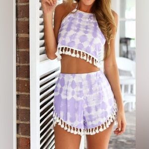 Purple & White Tie-Dye Tassel Trim Two-Piece Set